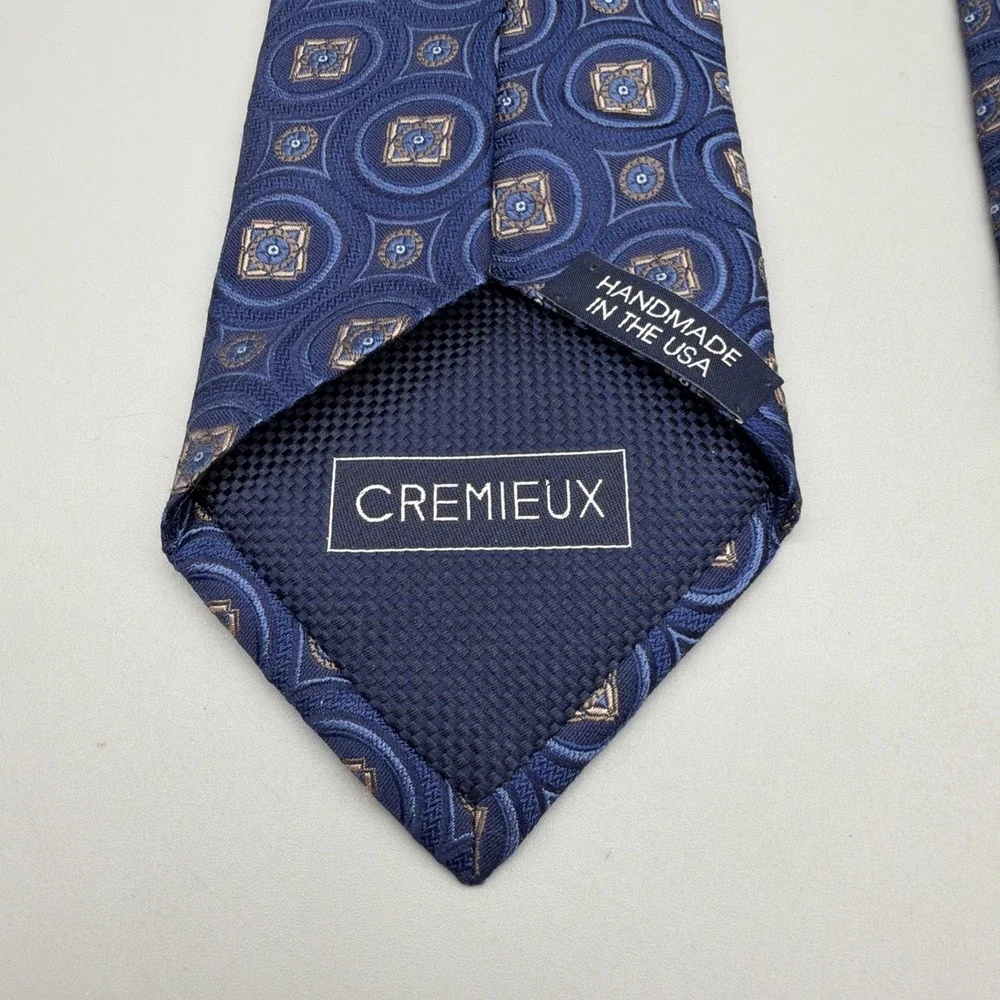 Daniel Cremieux Necktie Blue Beige Geometric Pattern Silk Neck Tie Made In USA